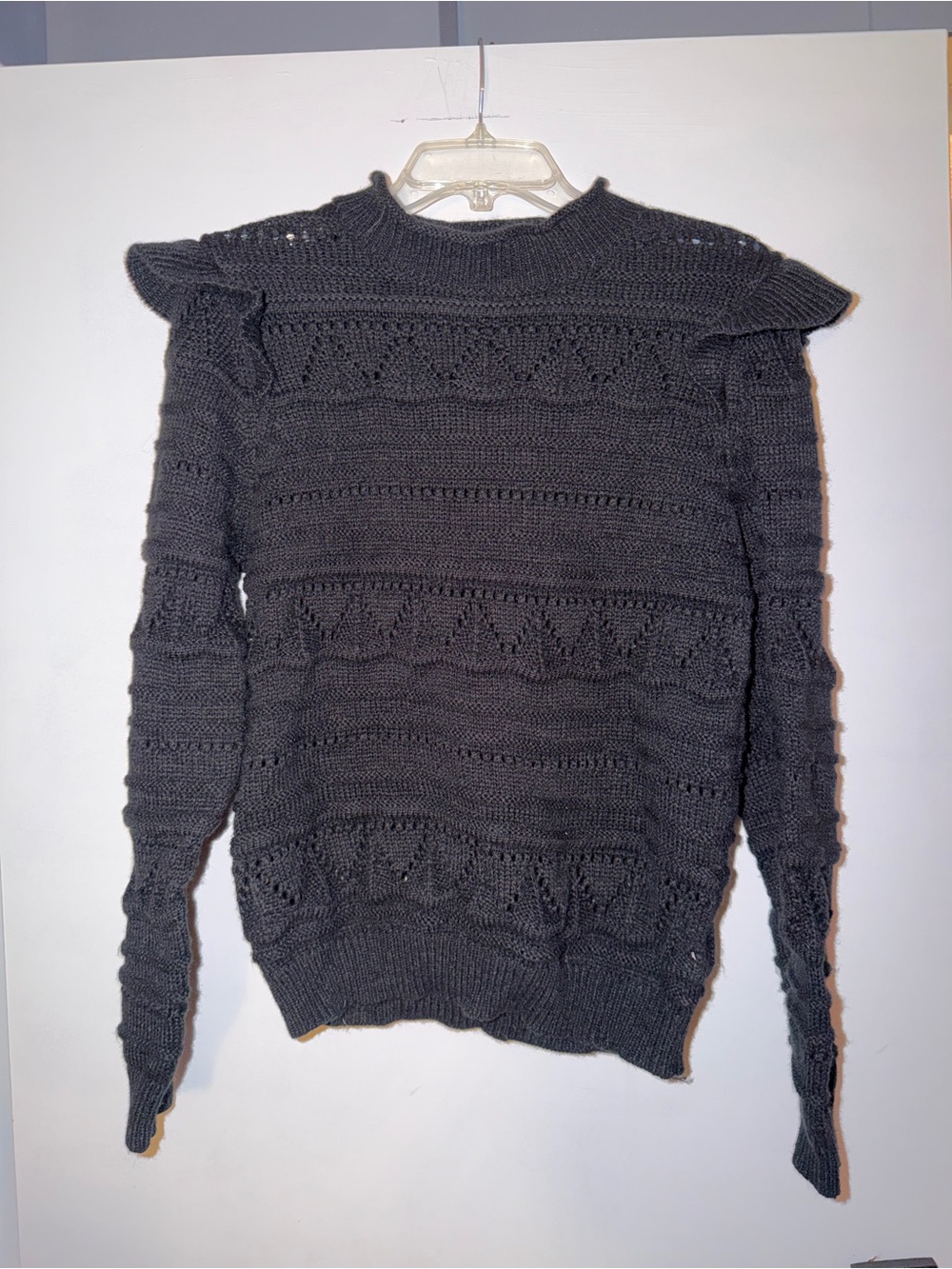Black Knit Women's Sweater - Classic Openwork Crewneck